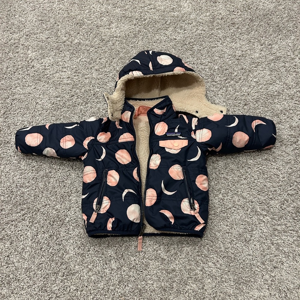 Patagonia Tribbles reversible jacket fleece 12-18m navy blue pink moon print